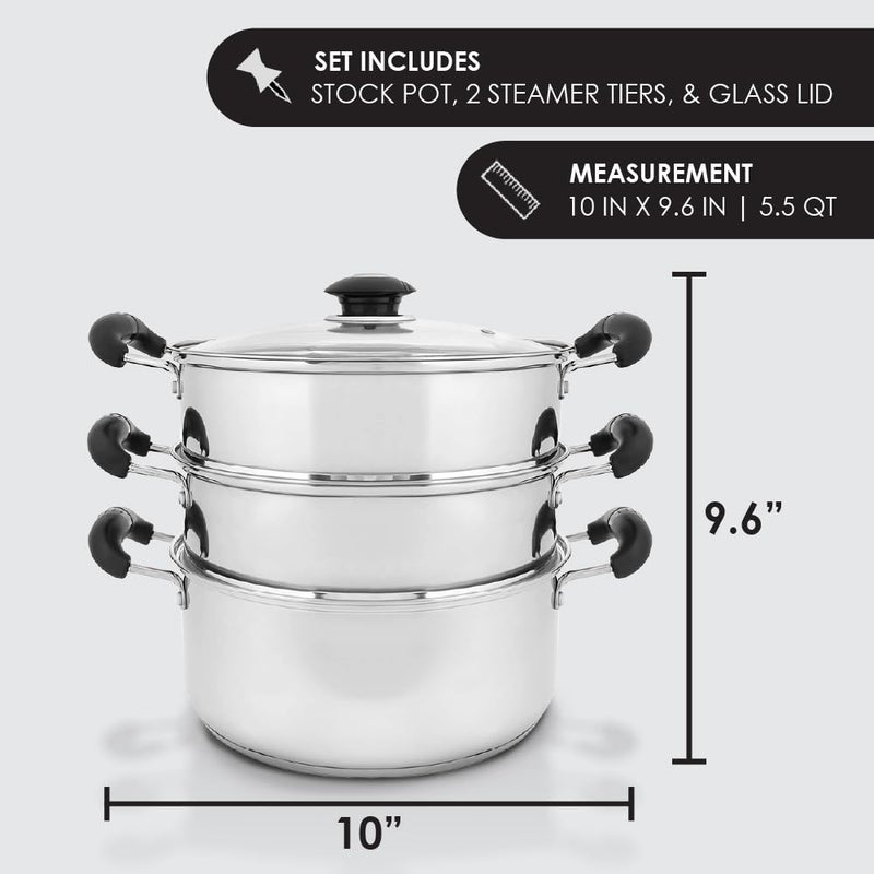 Concord Cookware كونكورد 10" وعاء بخاري من الفولاذ المقاوم للصدأ 3 طبقات 24 سم (متوافق مع الحث) - Image 2